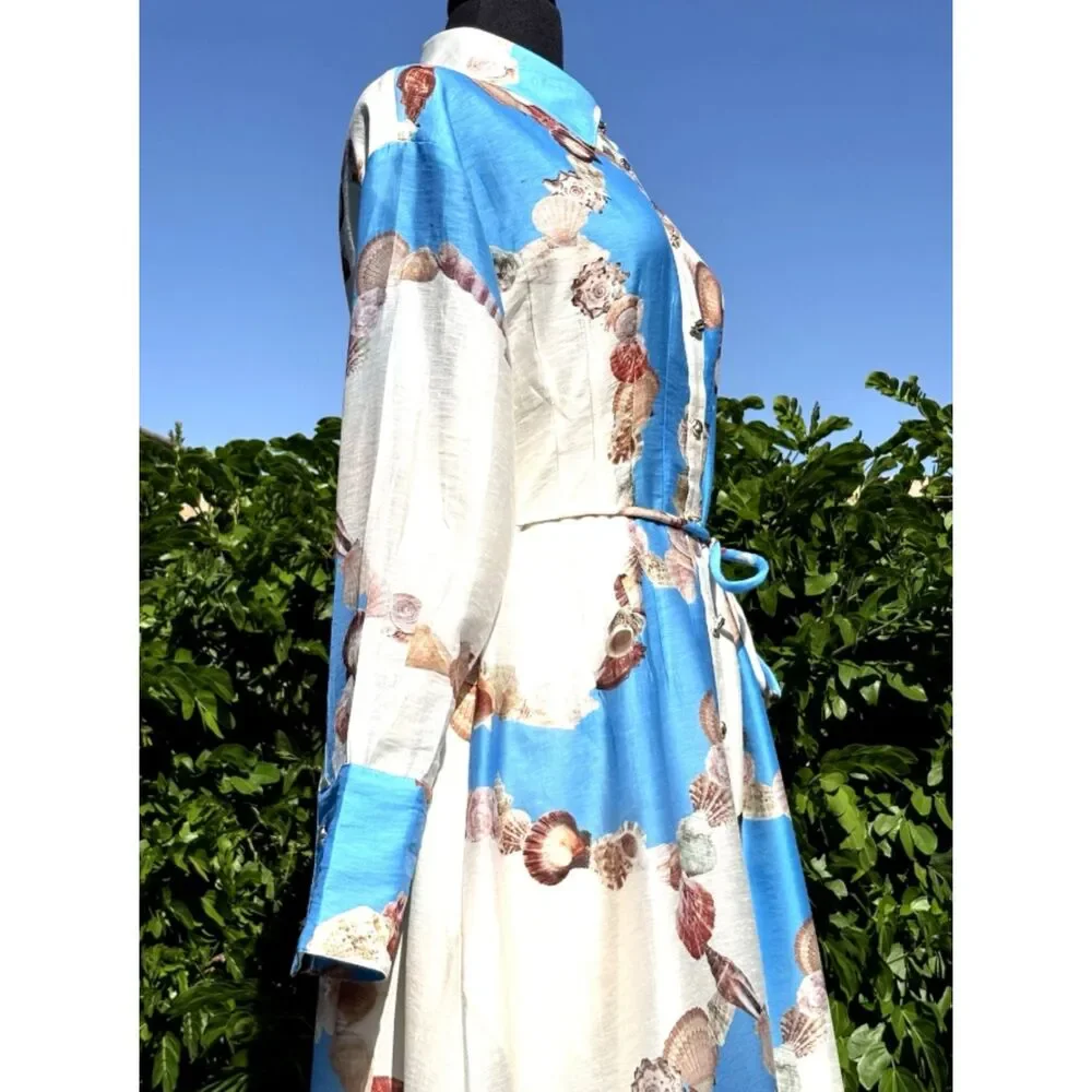 Caroline Constas Sea Shell Print Midi Dress Small Blue White Beach Coastal NWT